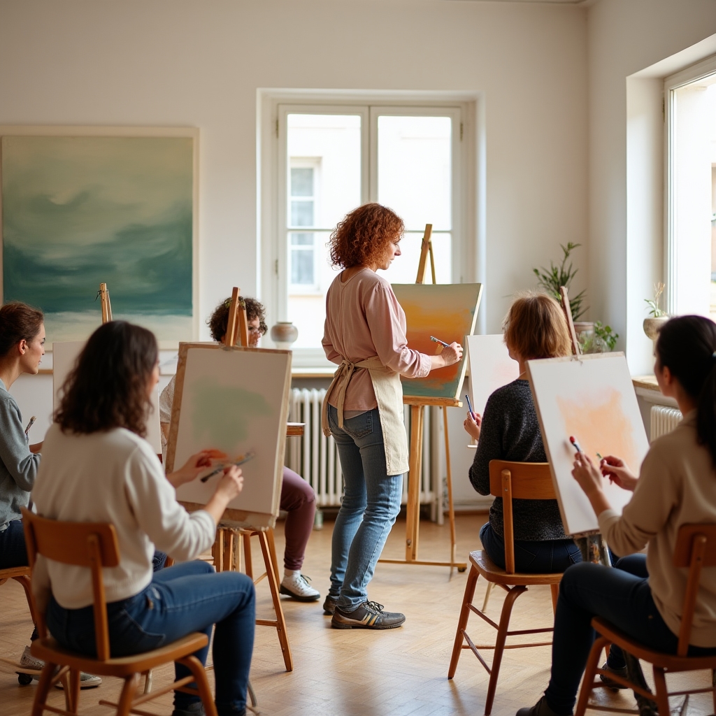 Gruppo di persone durante una lezione collettiva di pittura in atelier