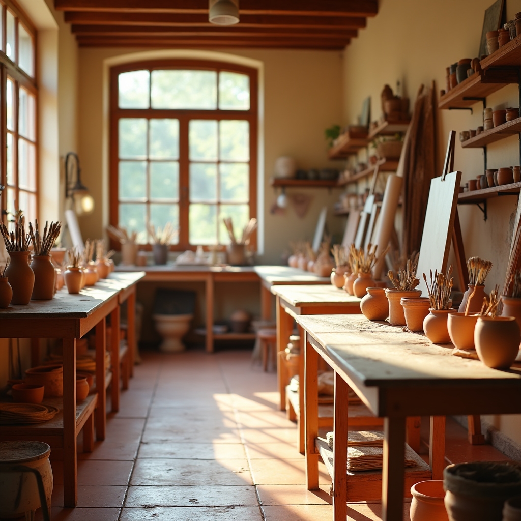 Spazio creativo dell'atelier con tavoli da lavoro e materiali artistici