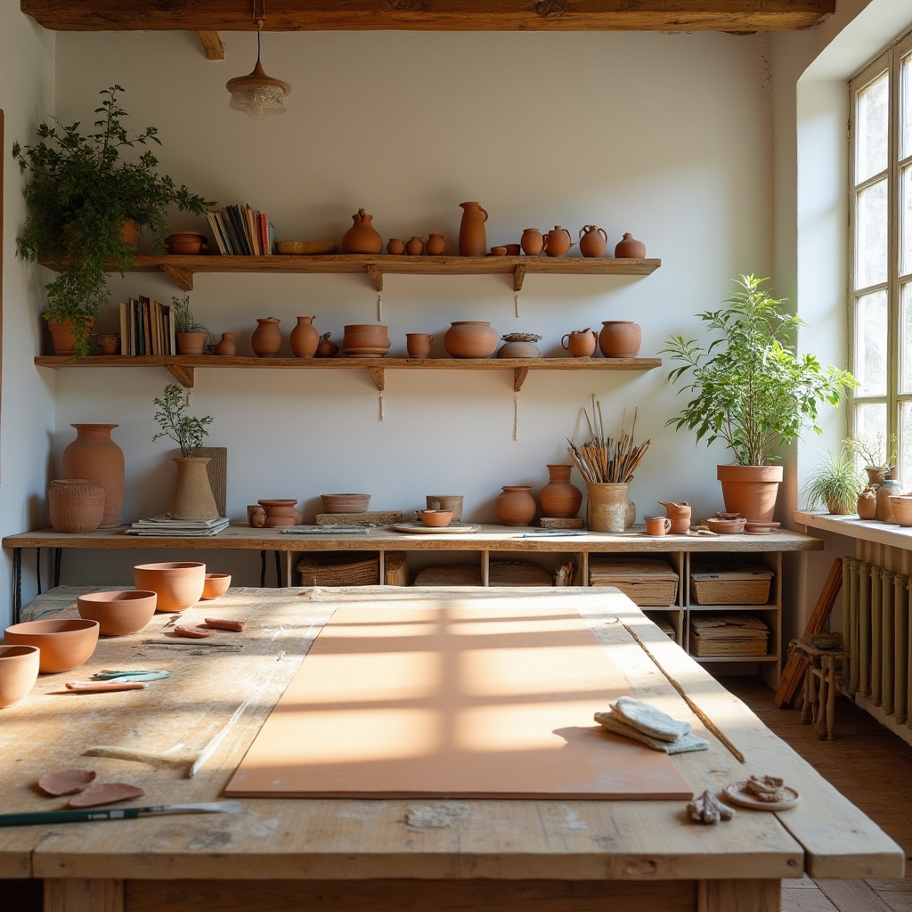 Interno dello studio con scaffali di materiali ceramici e tavoli di lavoro