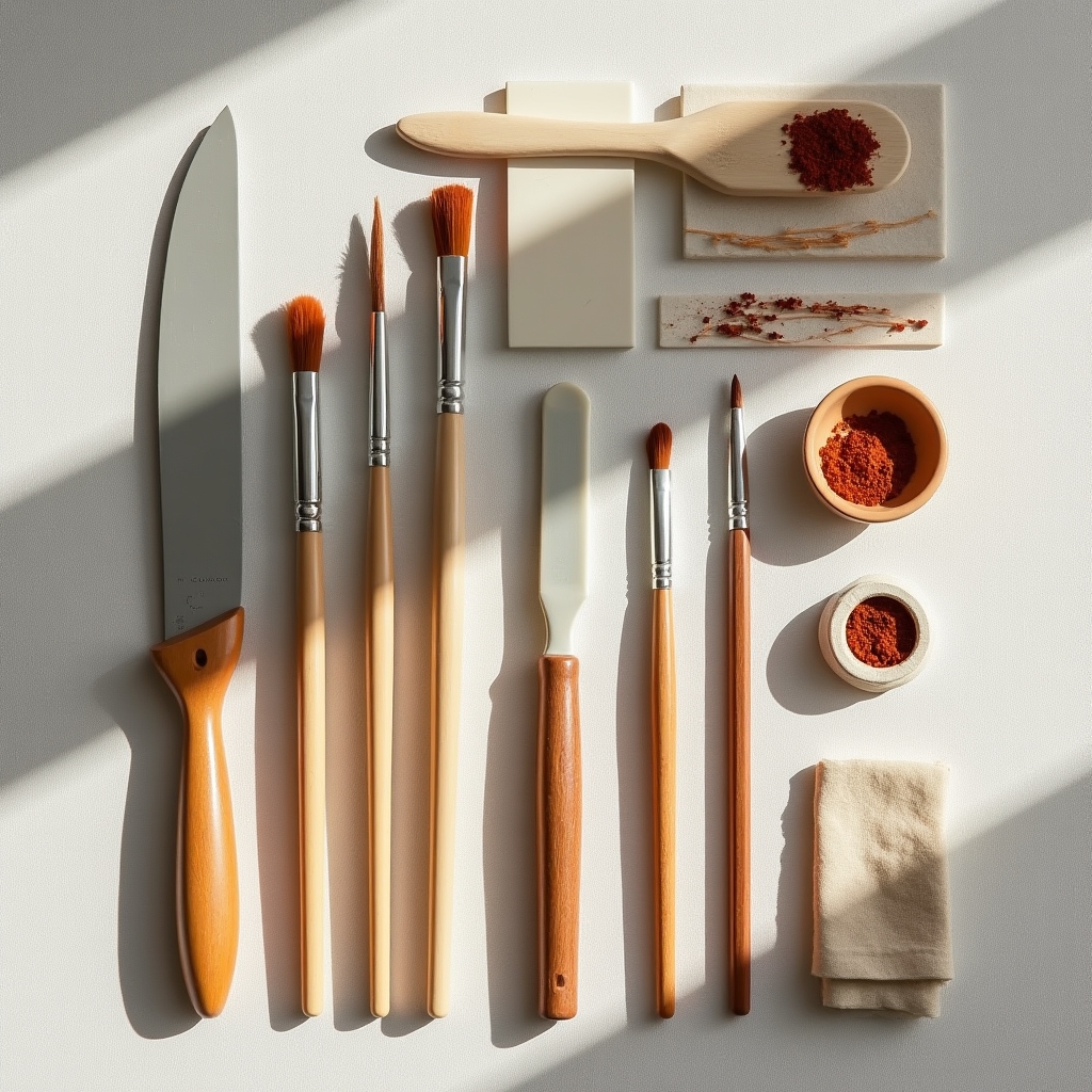 Disposizione artistica di pennelli, spatole e materiali su superficie di legno
