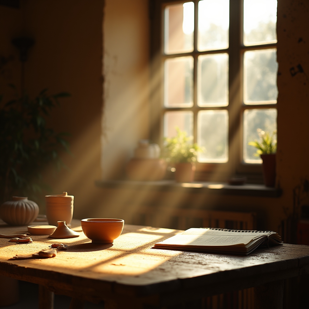 Finestra dell'atelier con luce naturale che illumina i tavoli da lavoro