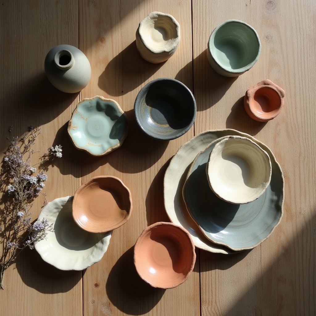 Pezzi ceramici finiti disposti su un tavolo dell'atelier pronti per la cottura