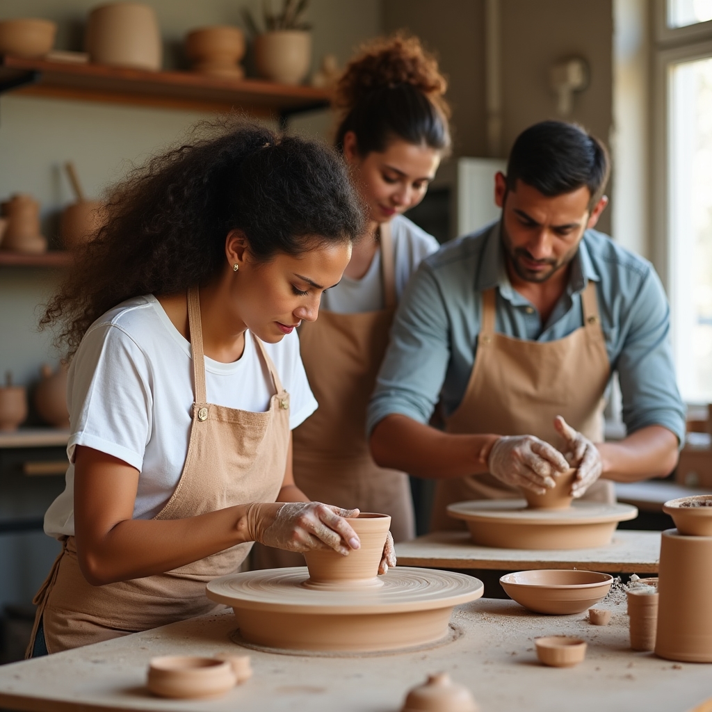 Partecipanti al workshop di ceramica che modellano vasi al tornio