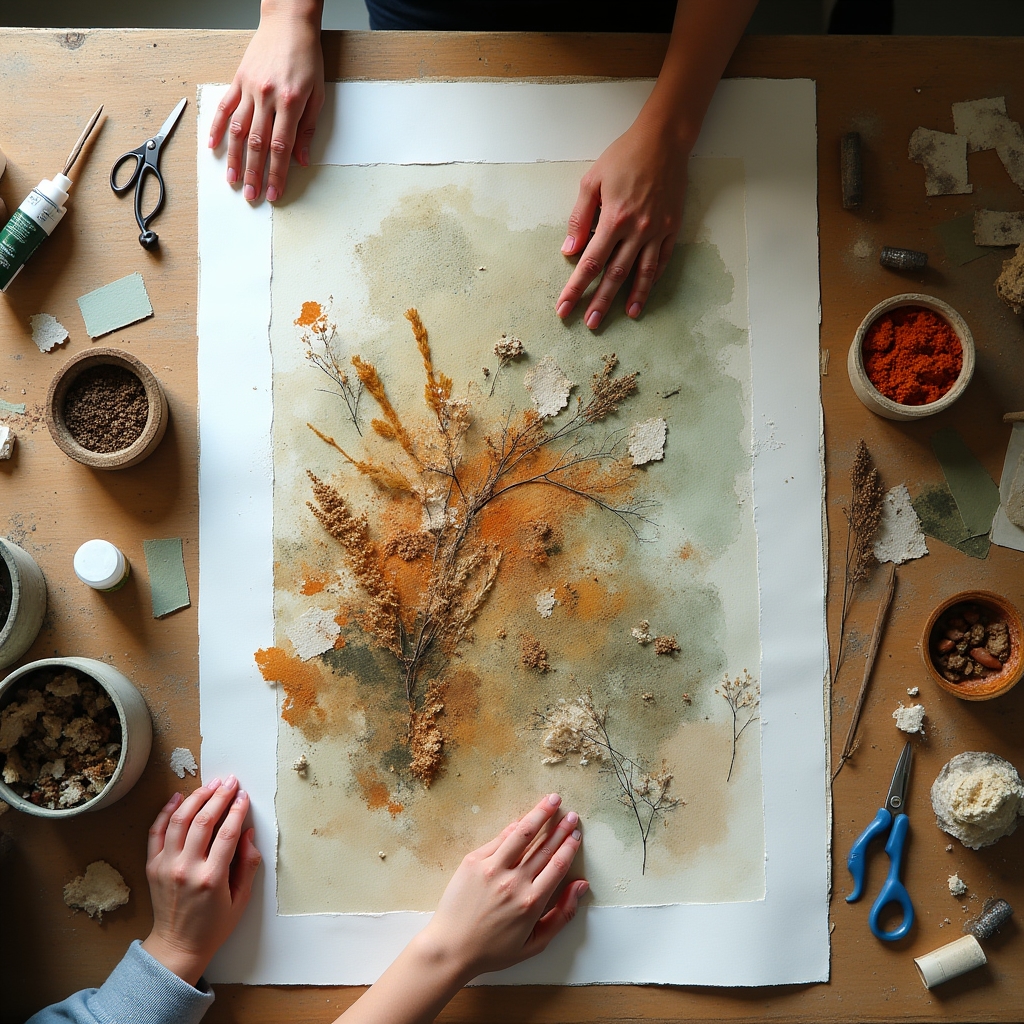 Lavoro di tecniche miste con collage, carta e colori su superficie ampia