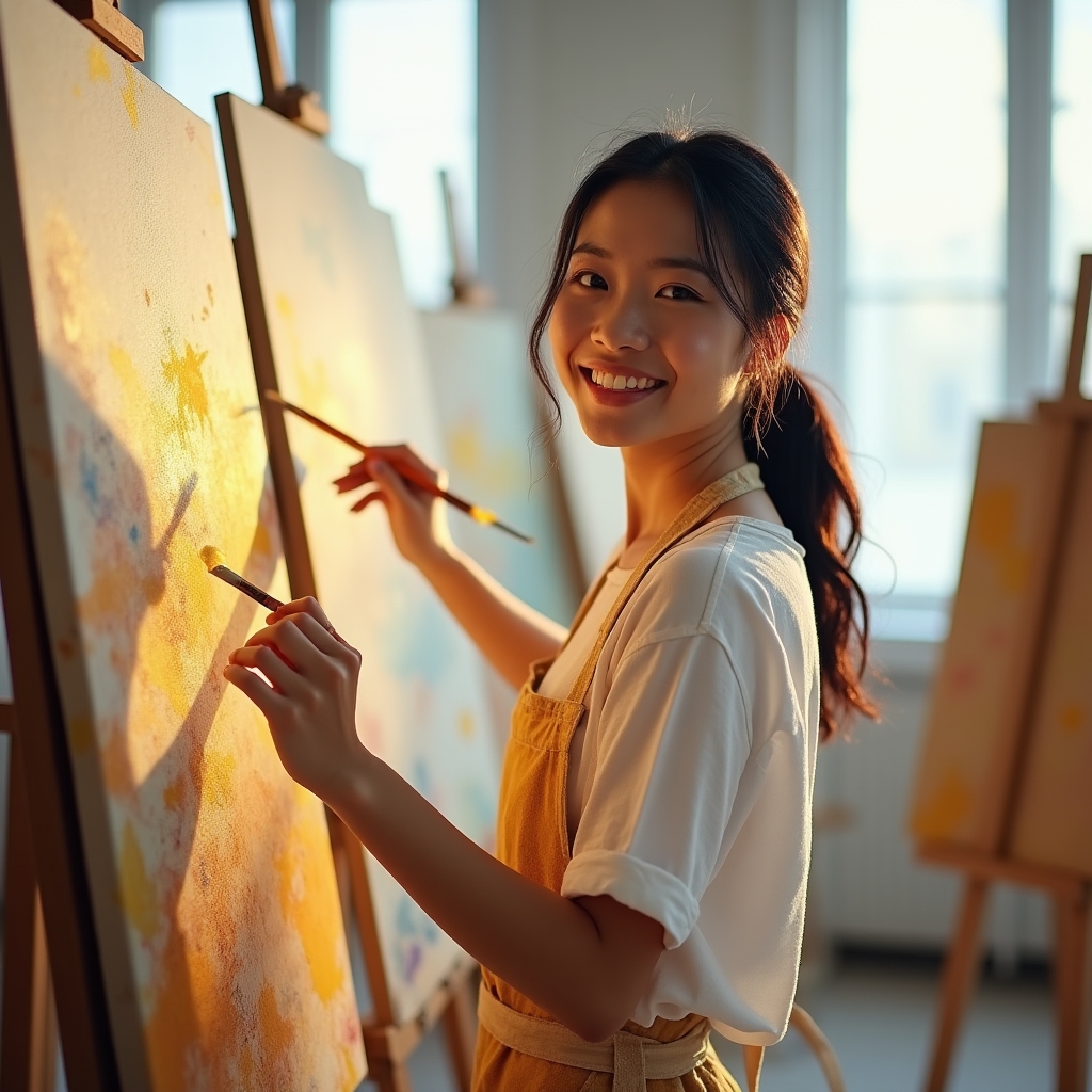 Persona che dipinge con colori acrilici su tela in ambiente luminoso